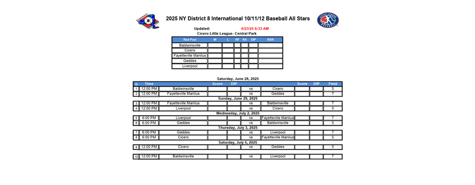 12u Baseball All Stars Schedule