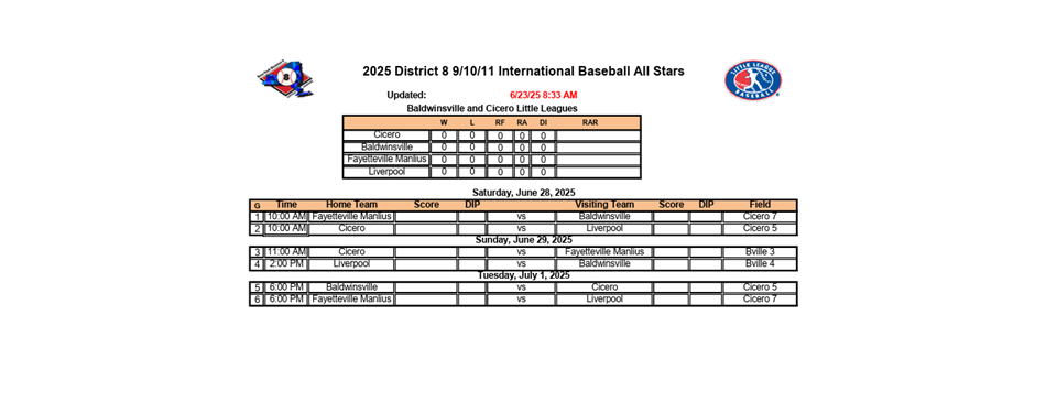11u Baseball All Stars Schedule